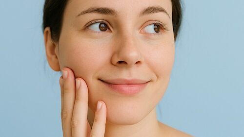 Nainen koskettaa poskeaan neutraalilla ilmeellä vaaleansinisellä taustalla.