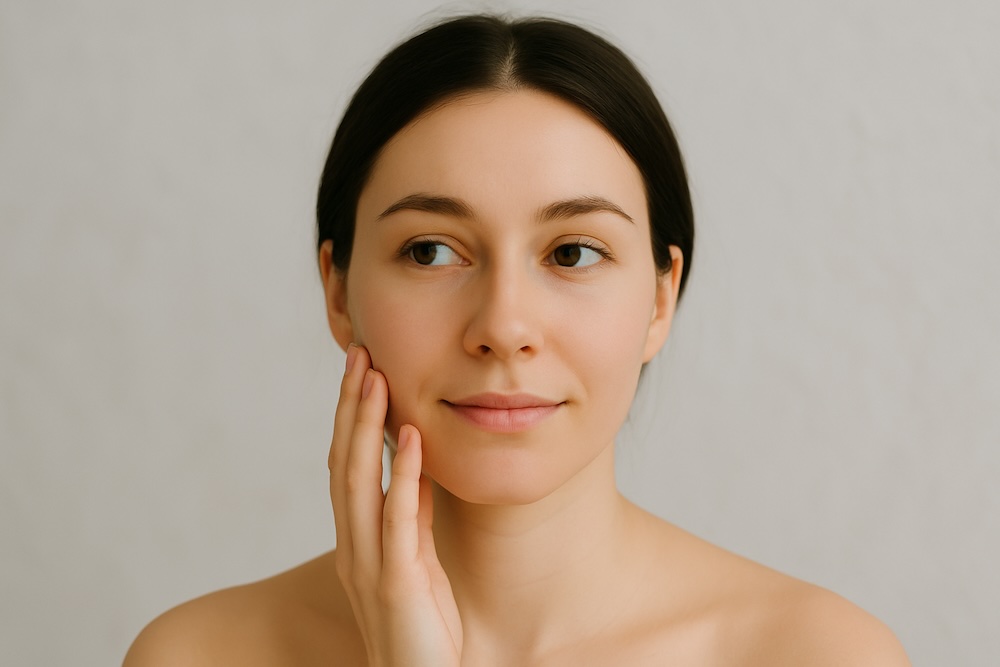 Nainen koskettaa poskeaan neutraalilla ilmeellä vaaleaa taustaa vasten.