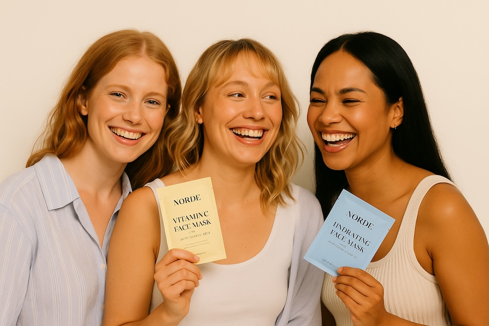 Kolme iloista naista poseeraa NORDE-kasvonaamioiden kanssa vaalealla taustalla.